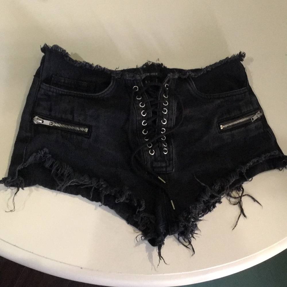 Forever21 black distressed shorts lace up front